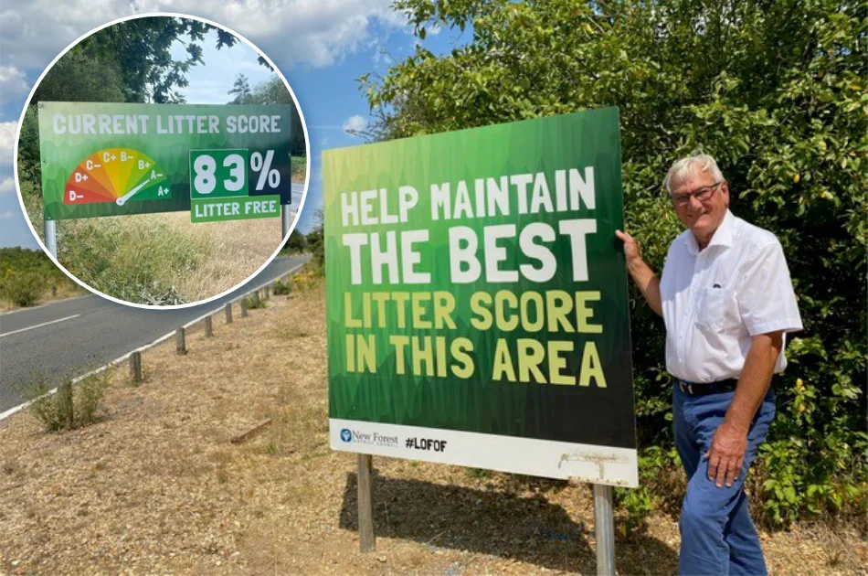 A man stands by a roadside sign reading HELP MAINTAIN THE BEST LITTER SCORE IN THIS AREA. An inset shows a gauge with Current Litter Score: 83% Litter Free. Trees and road are in the background.