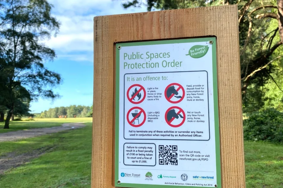 A wooden sign in a park displays rules prohibiting barbecues, feeding or touching ponies, and not picking up litter. Trees and grass are visible in the background under a partly cloudy sky.