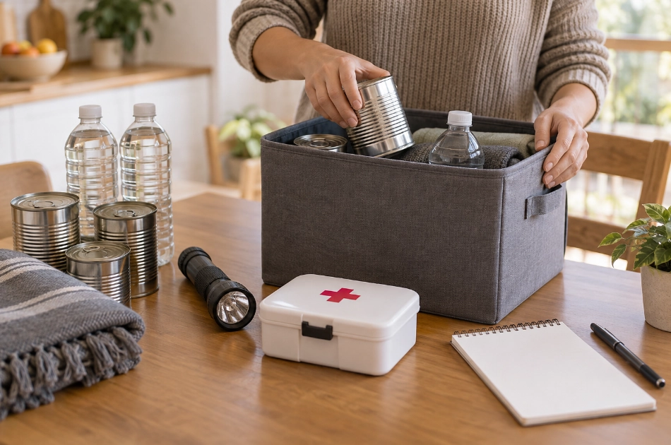 A person packing an emergency kit with tinned goods, water bottles, a first aid box, a torch, and a notebook on a wooden table.